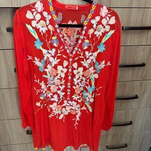 Johnny Was Scarlet Floral Embroidered Top